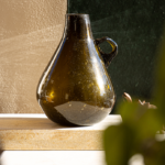 handblown glass olive green round vase with handle