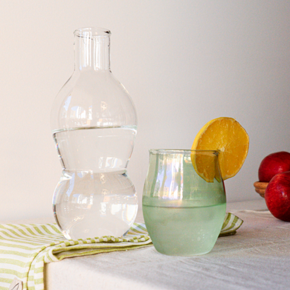 Borosilicate glass transparent irregular pitcher with apple green stackable cup